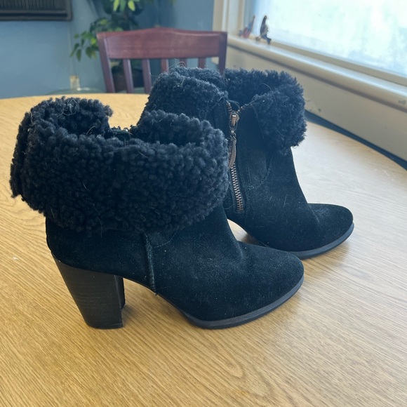 UGG Shoes - Ugg Black Suede Ankle Boots with Fur Trim